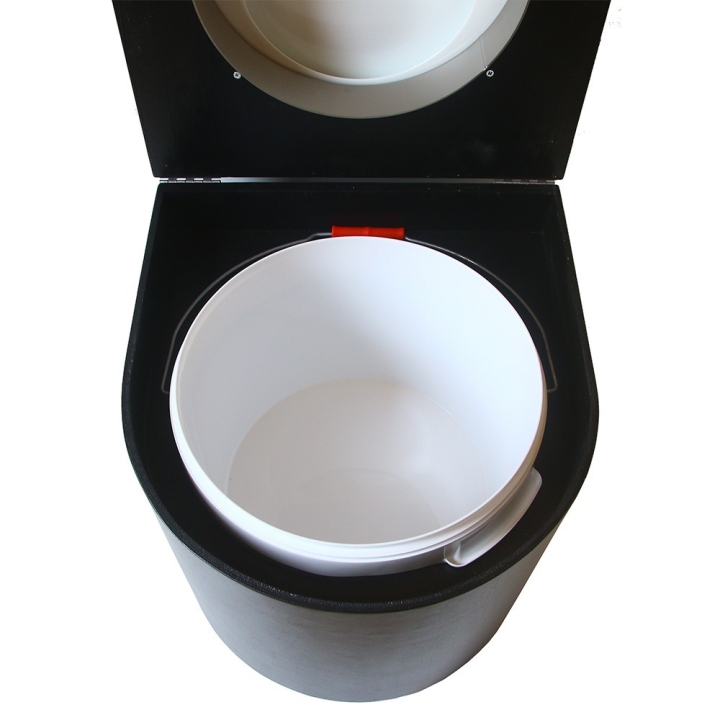  Toilette sèche en bois arrondie avec seau plastique 22L et bavette inox. Abattant blanc
