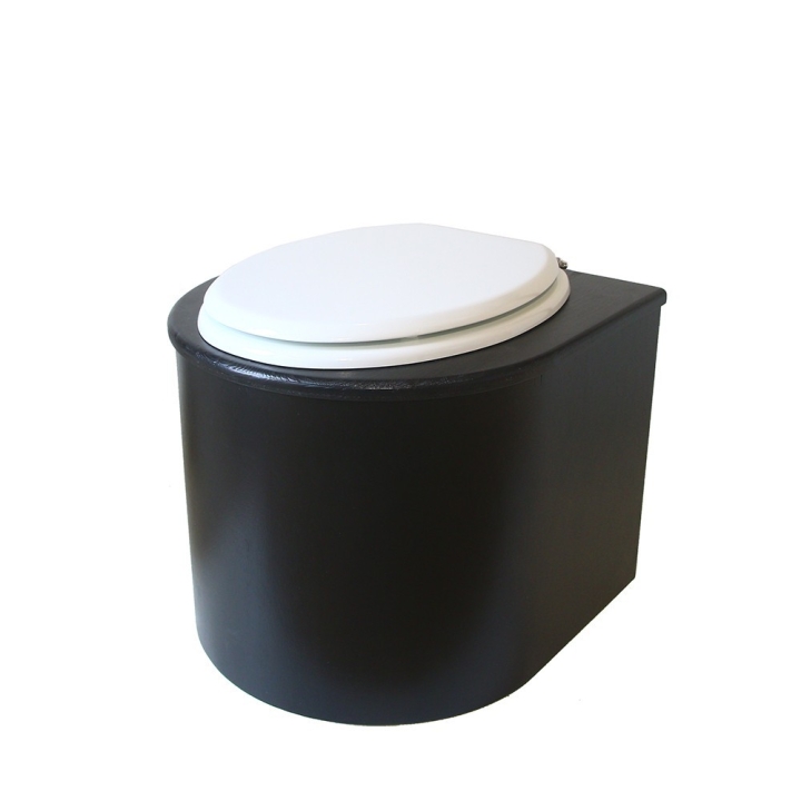  Toilette sèche en bois arrondie avec seau plastique 22L et bavette inox. Abattant blanc