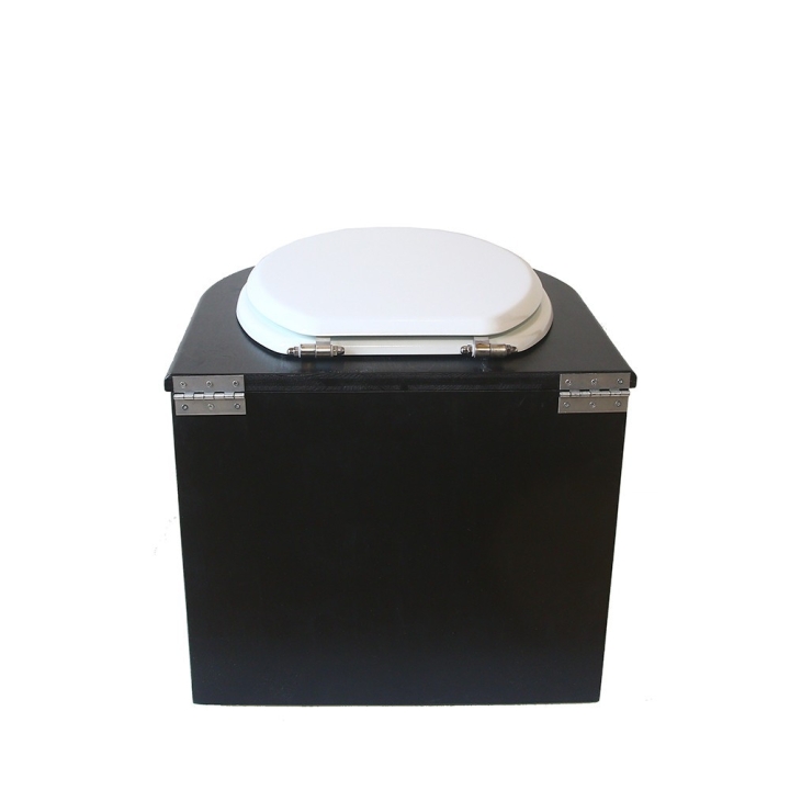  Toilette sèche en bois arrondie avec seau plastique 22L et bavette inox. Abattant blanc