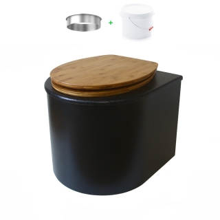 Toilette sèche en bois arrondie avec seau plastique 22L et bavette inox. Abattant bambou