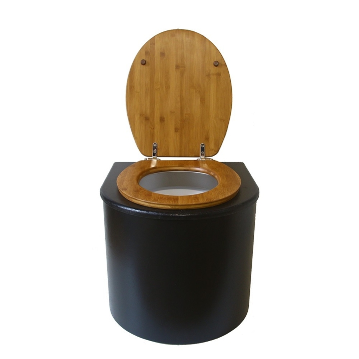  Toilette sèche en bois arrondie avec seau plastique 22L et bavette inox. Abattant bambou