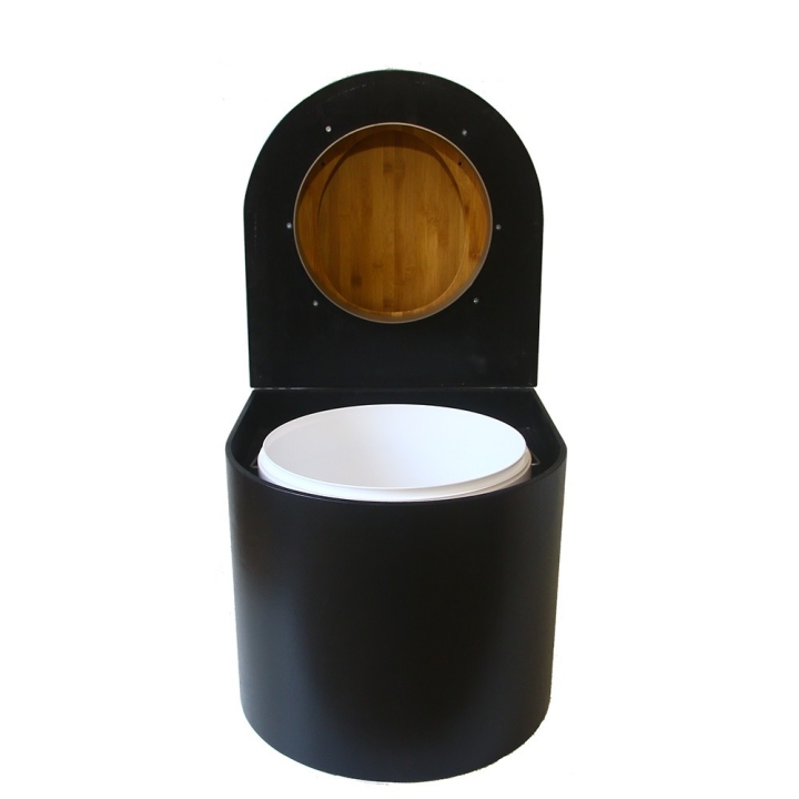  Toilette sèche en bois arrondie avec seau plastique 22L et bavette inox. Abattant bambou