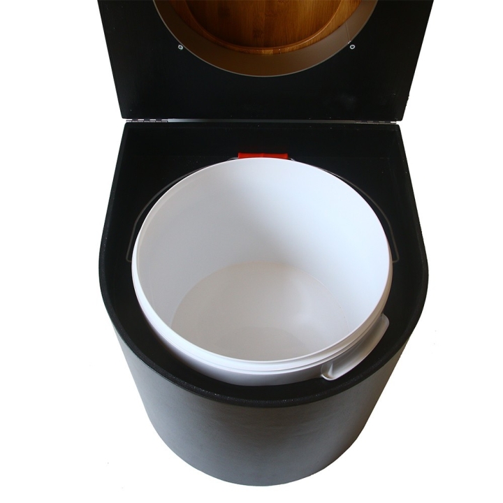  Toilette sèche en bois arrondie avec seau plastique 22L et bavette inox. Abattant bambou