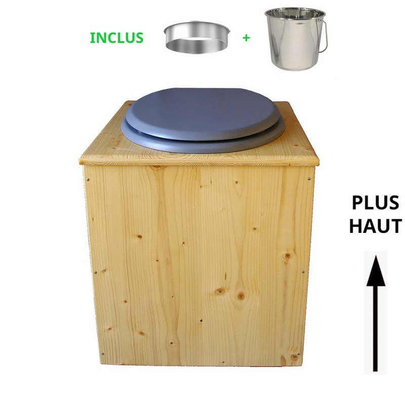 toilette sèche rehaussée en bois huilé complète avec seau inox 14 litres et bavette inox Ø30 cm - abattant gris clair - PMR