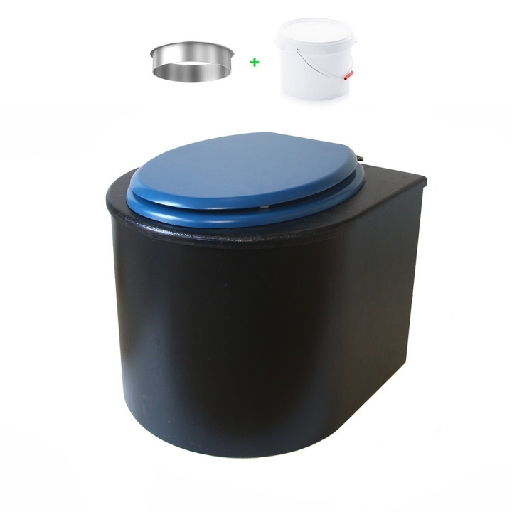 Toilette sèche en bois arrondie noire avec seau plastique 22L et bavette inox. Abattant bleu nuit