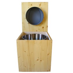 toilette sèche rehaussée en bois huilé complète avec seau inox 14 litres et bavette inox Ø30 cm - abattant gris clair - PMR