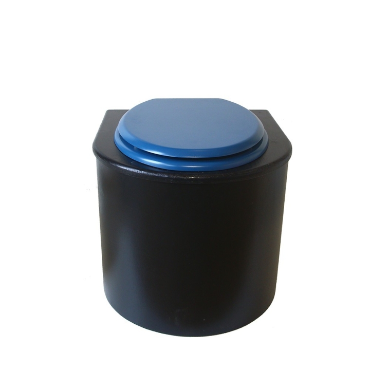  Toilette sèche en bois arrondie noire avec seau plastique 22L et bavette inox. Abattant bleu nuit