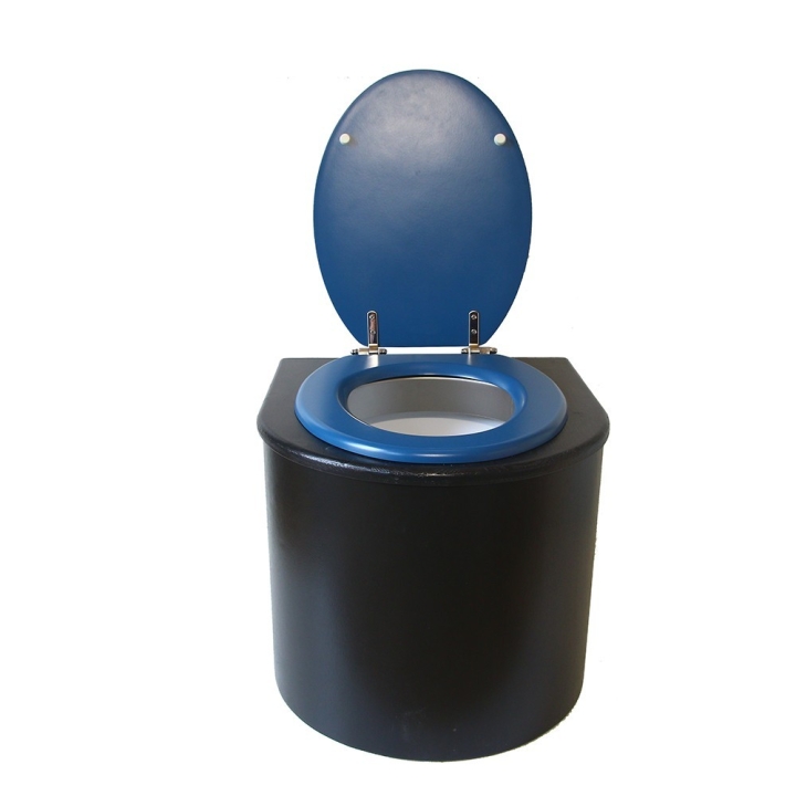  Toilette sèche en bois arrondie noire avec seau plastique 22L et bavette inox. Abattant bleu nuit