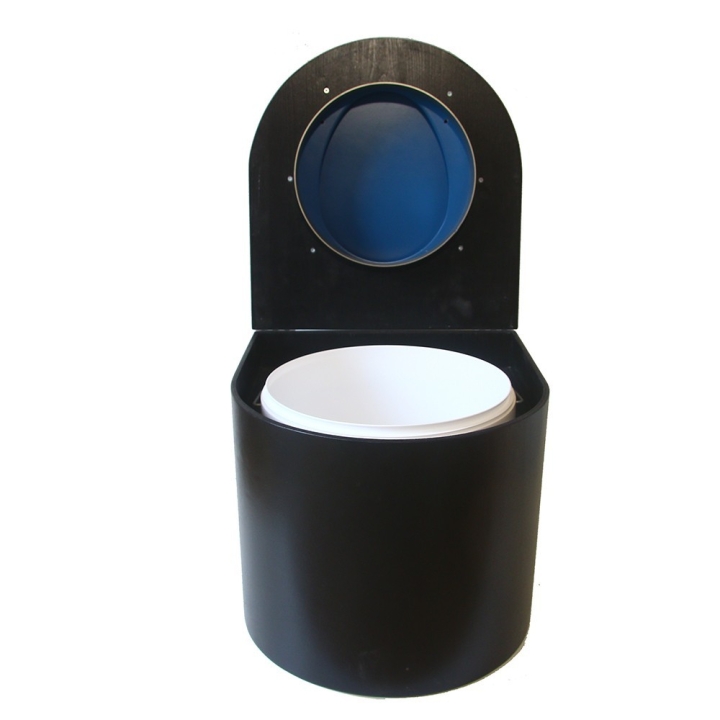  Toilette sèche en bois arrondie noire avec seau plastique 22L et bavette inox. Abattant bleu nuit