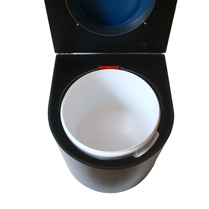 Toilette sèche en bois arrondie noire avec seau plastique 22L et bavette inox. Abattant bleu nuit