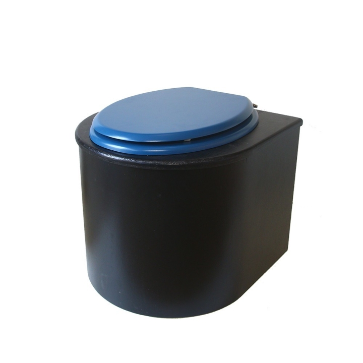  Toilette sèche en bois arrondie noire avec seau plastique 22L et bavette inox. Abattant bleu nuit