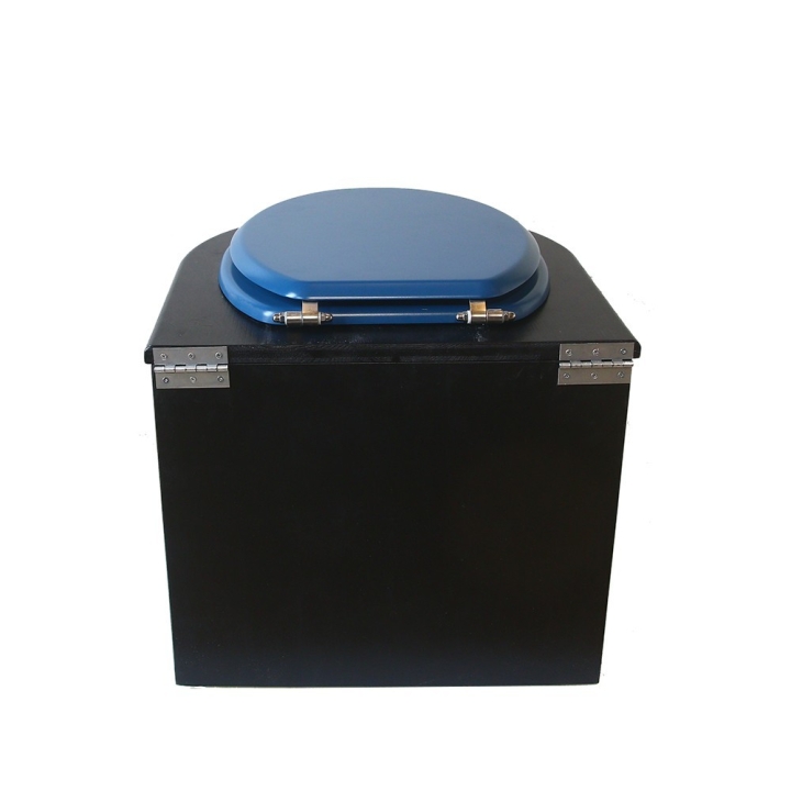  Toilette sèche en bois arrondie noire avec seau plastique 22L et bavette inox. Abattant bleu nuit