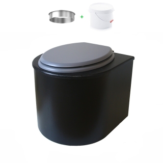 Toilette sèche en bois arrondie noire avec seau plastique 22L et bavette inox. Abattant gris