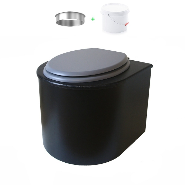 Toilette sèche en bois arrondie noire avec seau plastique 22L et bavette inox. Abattant gris