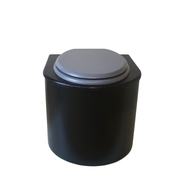  Toilette sèche en bois arrondie noire avec seau plastique 22L et bavette inox. Abattant gris