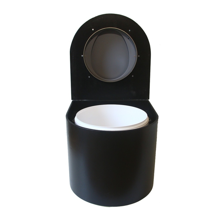  Toilette sèche en bois arrondie noire avec seau plastique 22L et bavette inox. Abattant gris
