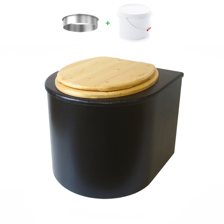 Toilette sèche en bois arrondie avec seau plastique 22L et bavette inox. Abattant bois huilé
