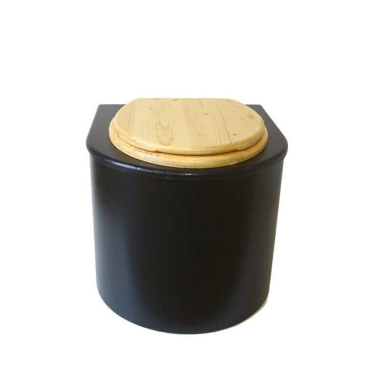  Toilette sèche en bois arrondie avec seau plastique 22L et bavette inox. Abattant bois huilé