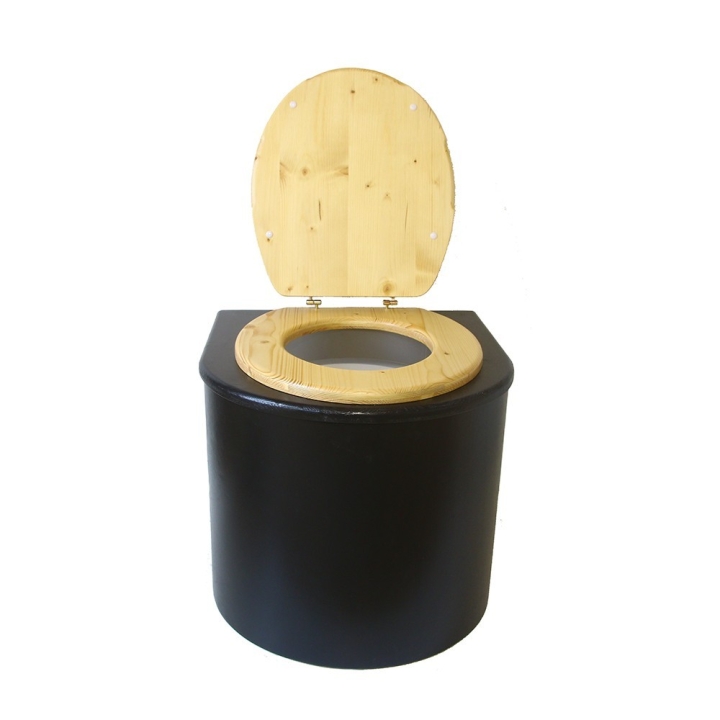  Toilette sèche en bois arrondie avec seau plastique 22L et bavette inox. Abattant bois huilé