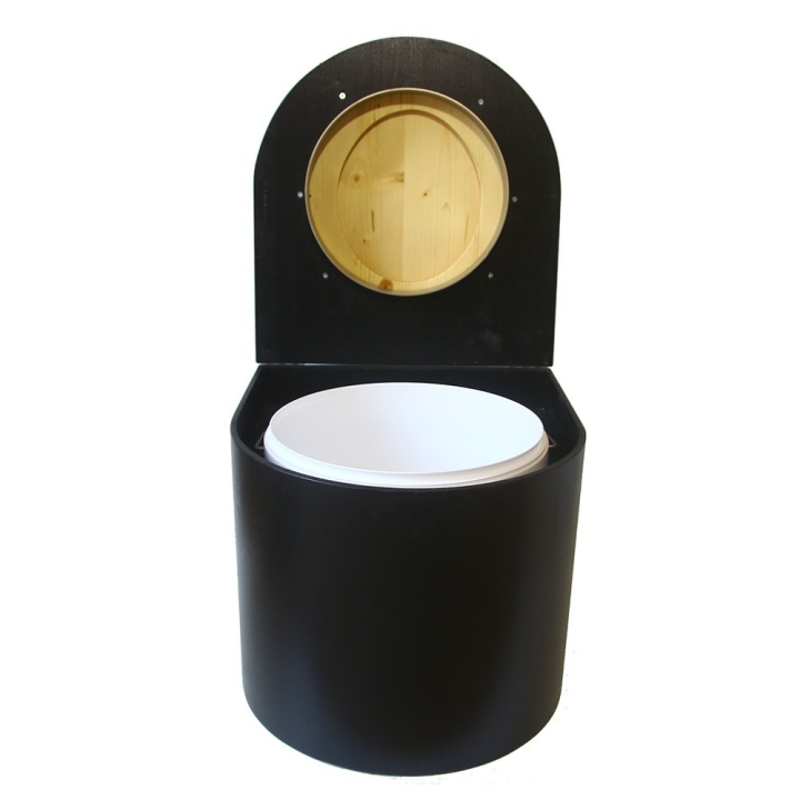  Toilette sèche en bois arrondie avec seau plastique 22L et bavette inox. Abattant bois huilé
