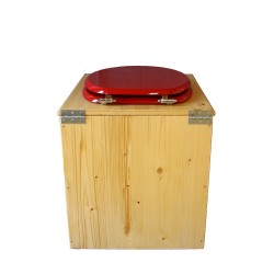 toilette sèche rehaussée en bois huilé complète avec seau inox 14 litres et bavette inox Ø30 cm - abattant rouge framboise - PMR
