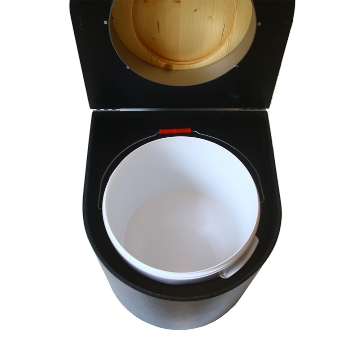  Toilette sèche en bois arrondie avec seau plastique 22L et bavette inox. Abattant bois huilé