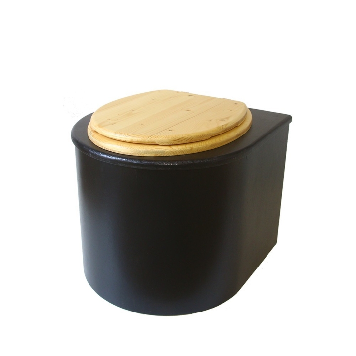  Toilette sèche en bois arrondie avec seau plastique 22L et bavette inox. Abattant bois huilé