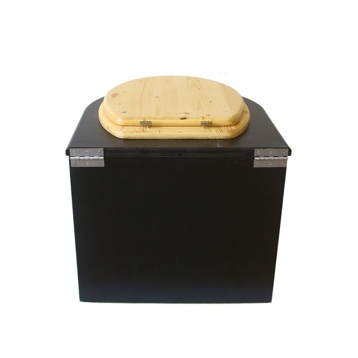  Toilette sèche en bois arrondie avec seau plastique 22L et bavette inox. Abattant bois huilé