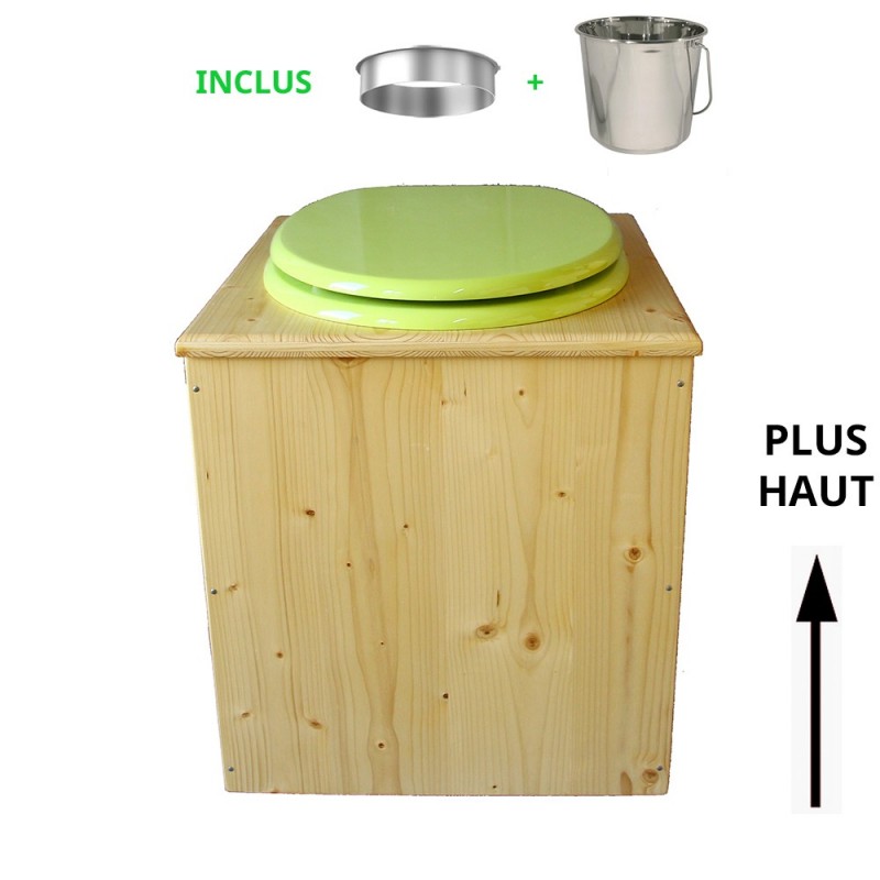 toilette sèche rehaussée en bois huilé complète avec seau inox 14 litres et bavette inox Ø30 cm - abattant vert pomme - PMR