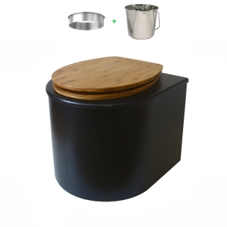 Toilette sèche en bois arrondie noire avec seau inox et bavette inox. Abattant bambou