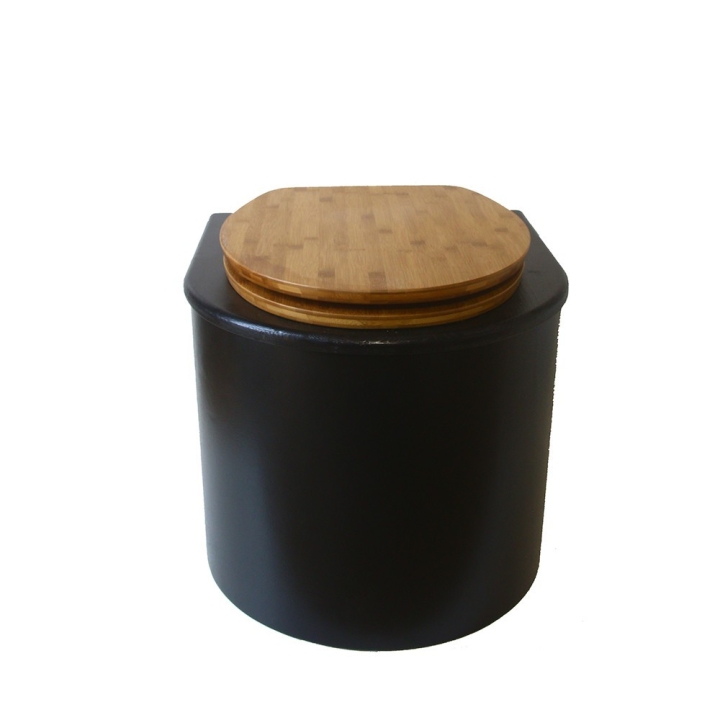  Toilette sèche en bois arrondie noire avec seau inox et bavette inox. Abattant bambou
