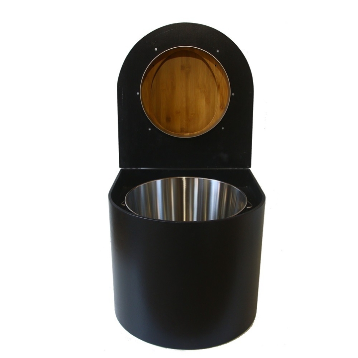  Toilette sèche en bois arrondie noire avec seau inox et bavette inox. Abattant bambou