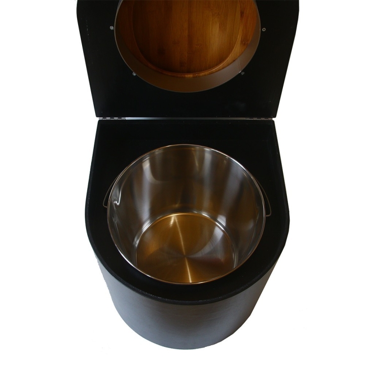  Toilette sèche en bois arrondie noire avec seau inox et bavette inox. Abattant bambou