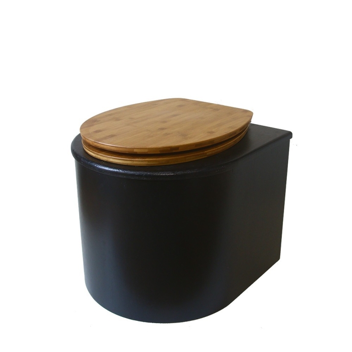  Toilette sèche en bois arrondie noire avec seau inox et bavette inox. Abattant bambou