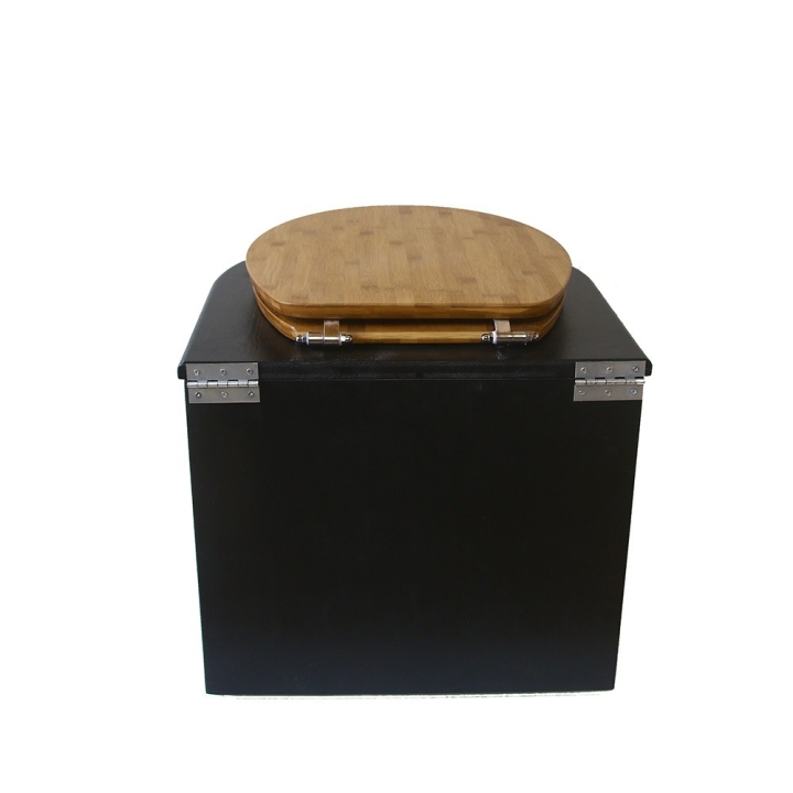  Toilette sèche en bois arrondie noire avec seau inox et bavette inox. Abattant bambou