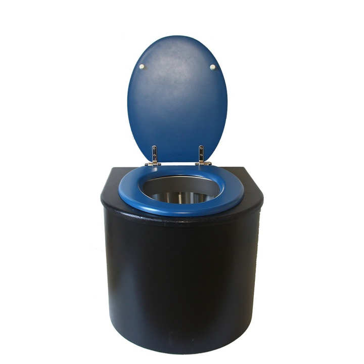  Toilette sèche en bois arrondie noire avec seau inox et bavette inox. Abattant bleu nuit