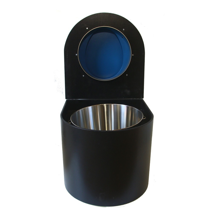  Toilette sèche en bois arrondie noire avec seau inox et bavette inox. Abattant bleu nuit