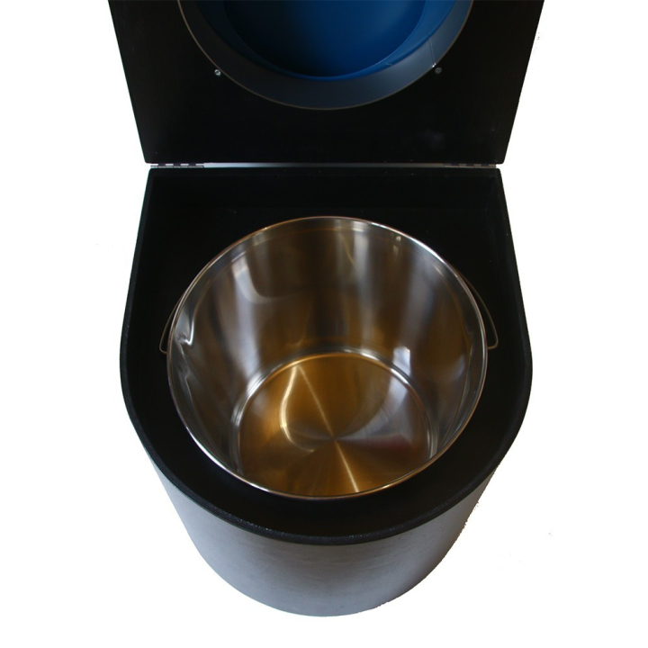  Toilette sèche en bois arrondie noire avec seau inox et bavette inox. Abattant bleu nuit