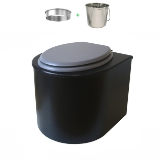 Toilette sèche en bois arrondie noire avec seau inox et bavette inox. Abattant gris