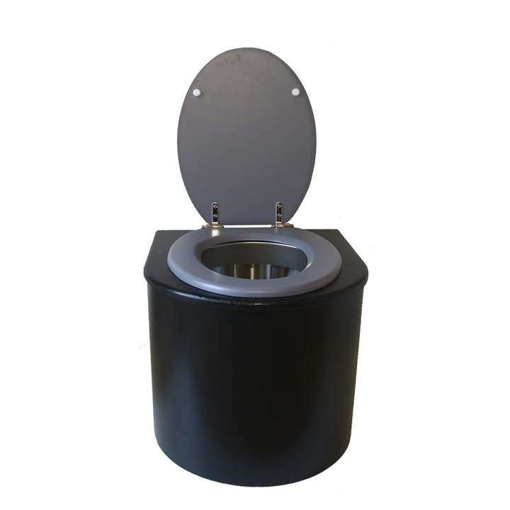  Toilette sèche en bois arrondie noire avec seau inox et bavette inox. Abattant gris