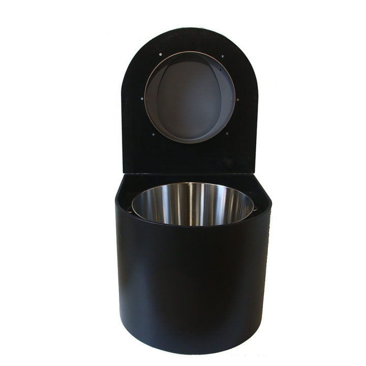  Toilette sèche en bois arrondie noire avec seau inox et bavette inox. Abattant gris