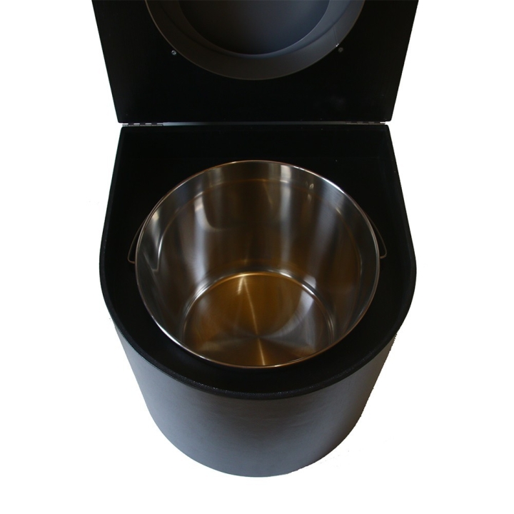  Toilette sèche en bois arrondie noire avec seau inox et bavette inox. Abattant gris