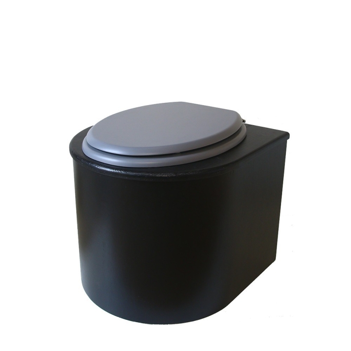  Toilette sèche en bois arrondie noire avec seau inox et bavette inox. Abattant gris