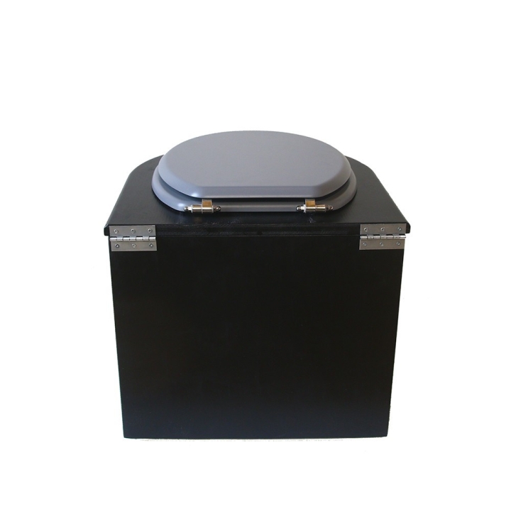  Toilette sèche en bois arrondie noire avec seau inox et bavette inox. Abattant gris