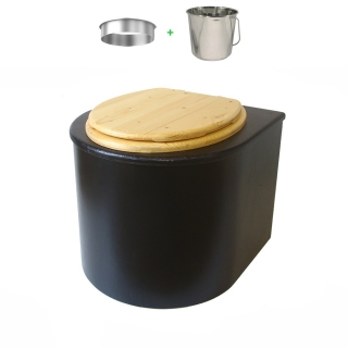 Toilette sèche en bois arrondie noire avec seau inox et bavette inox. Abattant bois huilé