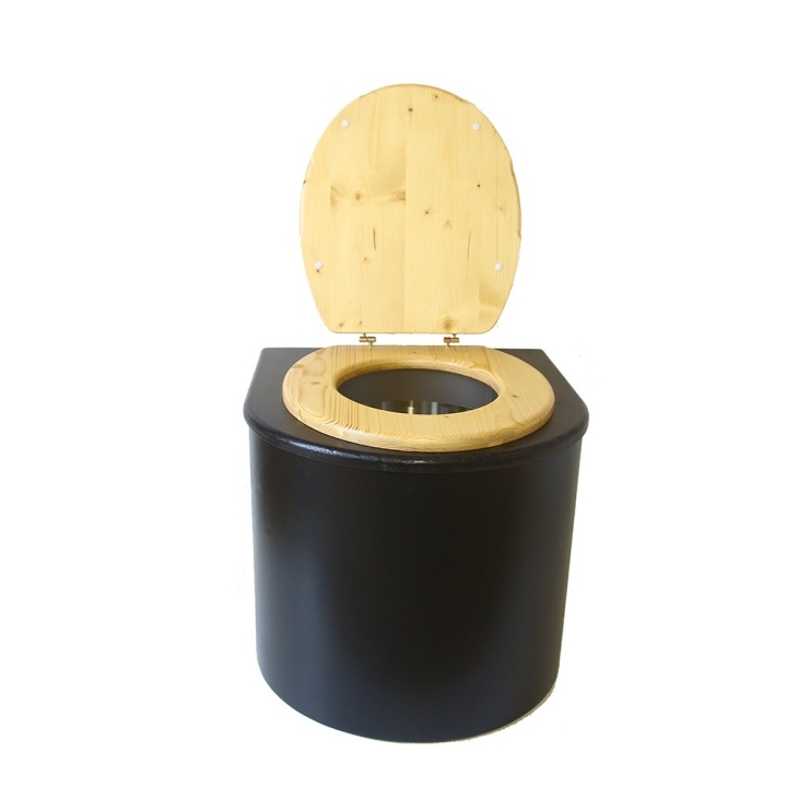  Toilette sèche en bois arrondie noire avec seau inox et bavette inox. Abattant bois huilé