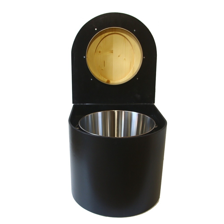  Toilette sèche en bois arrondie noire avec seau inox et bavette inox. Abattant bois huilé