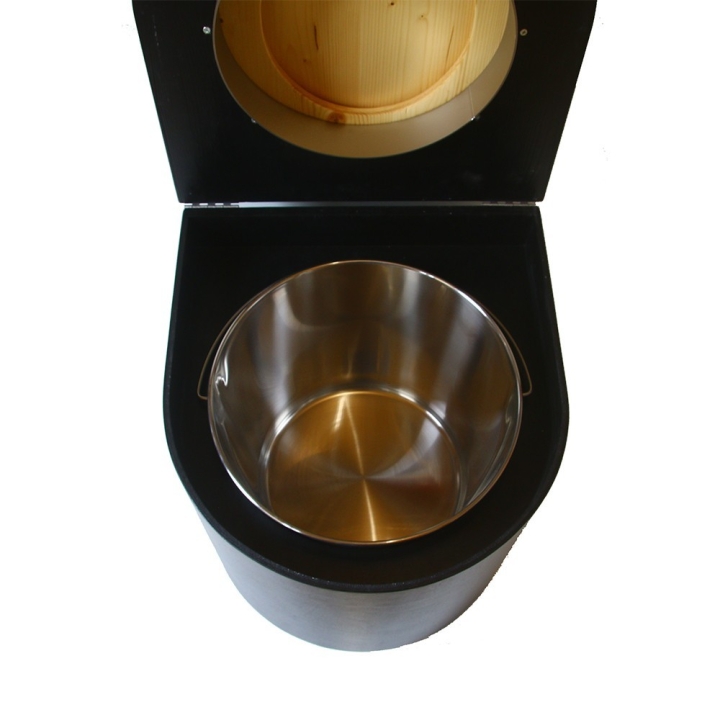  Toilette sèche en bois arrondie noire avec seau inox et bavette inox. Abattant bois huilé