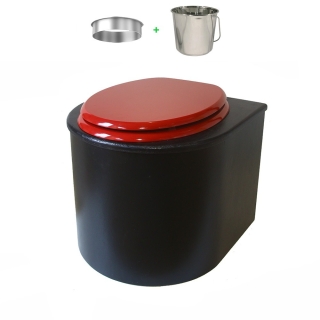 Toilette sèche en bois arrondie noire avec seau inox et bavette inox. Abattant rouge