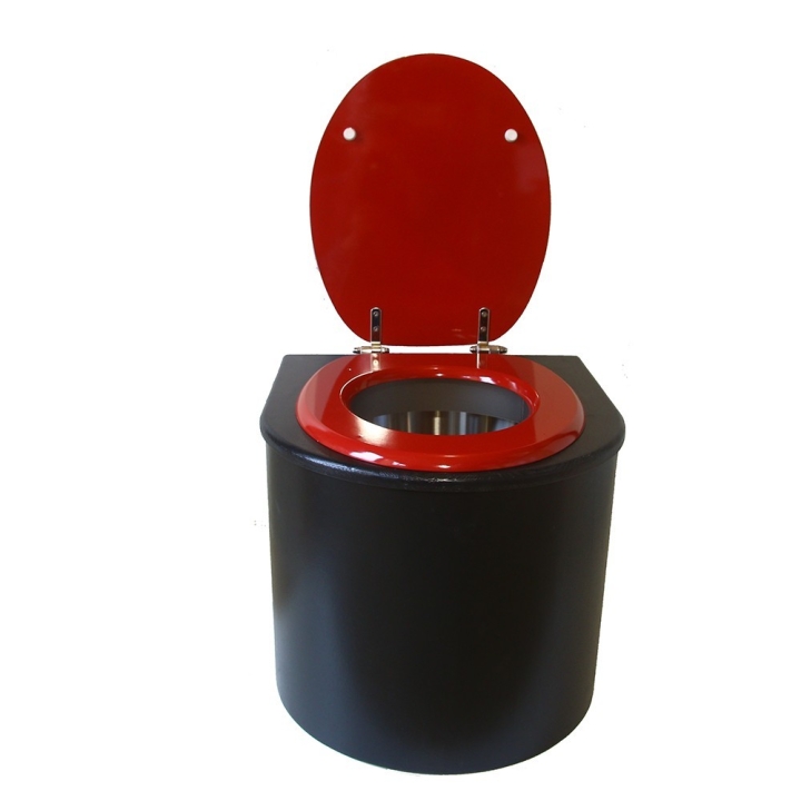  Toilette sèche en bois arrondie noire avec seau inox et bavette inox. Abattant rouge